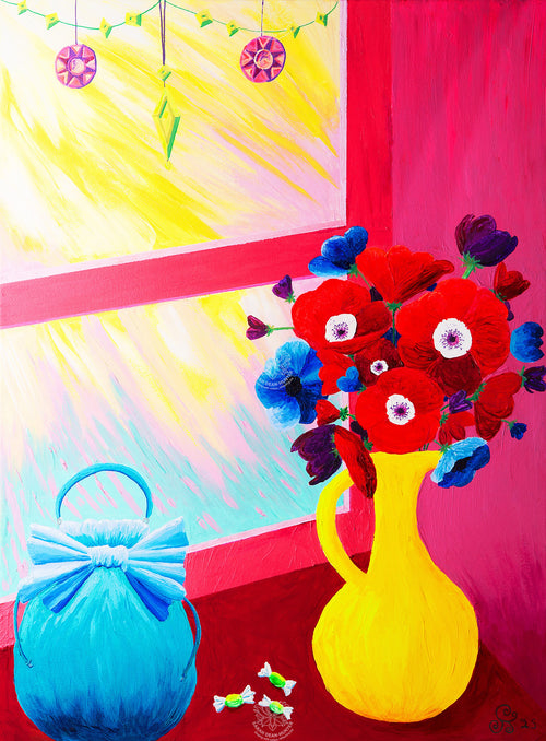 Colourful acrylic painting of a blue handbag beside vivid red flowers in a yellow vase on a bright sunlit windowsill by Sarah Dean-Hunter