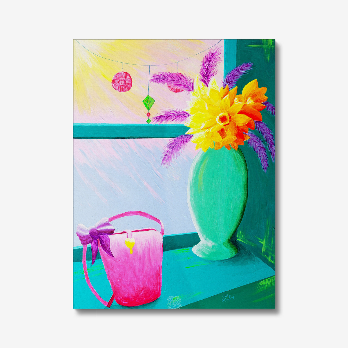 Pink Celadon Vase in Window Original Acrylic Painting- Limited Edition Fine Art