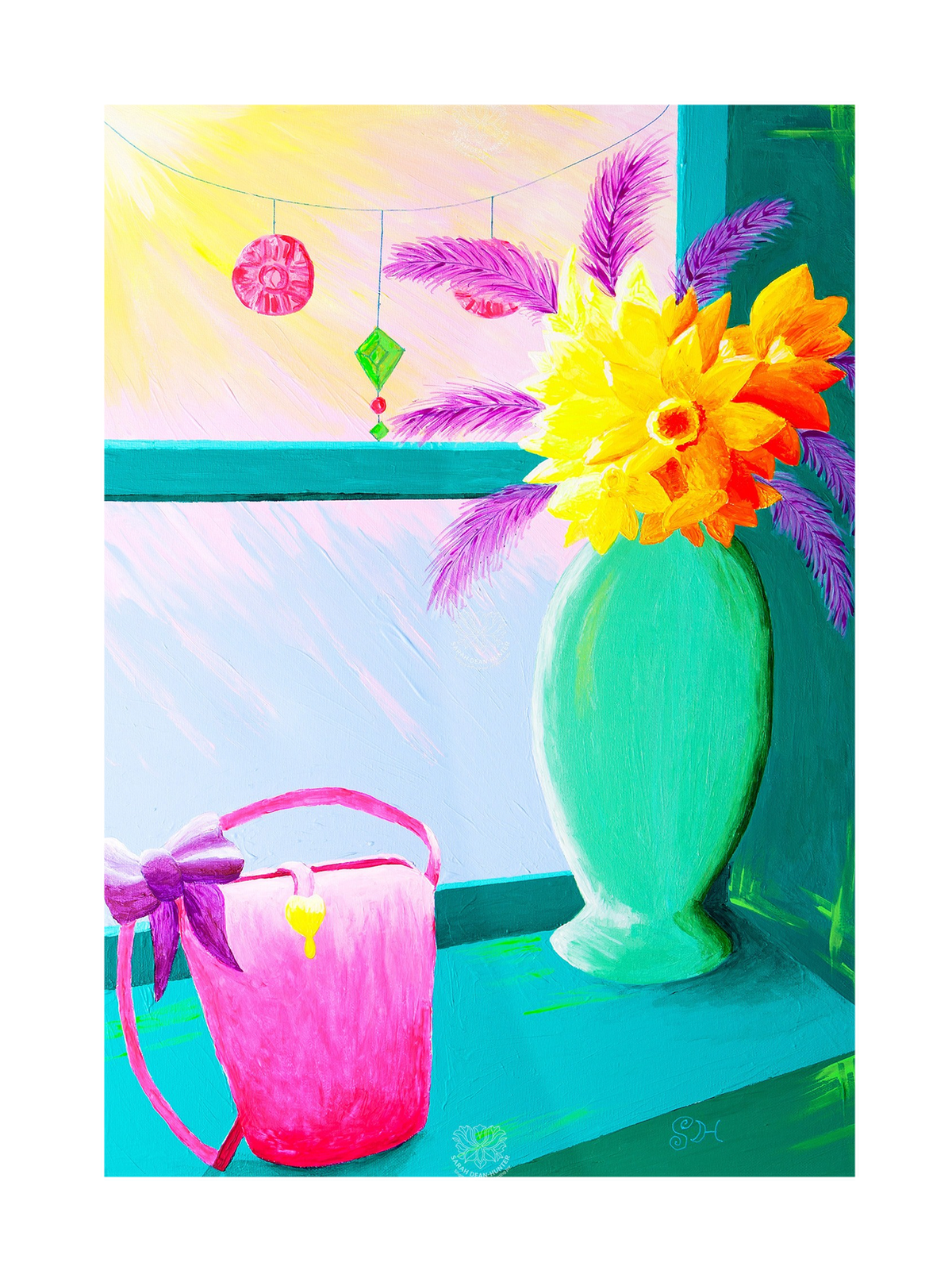 Pink Celadon Vase in Window Original Acrylic Painting- Limited Edition Fine Art