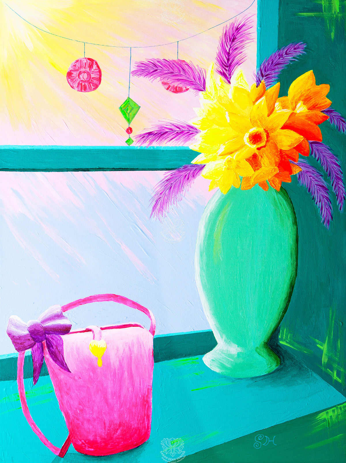 Colourful acrylic painting of a pink handbag beside a tall turquoise Celadon-style vase filled with bright flowers on a sunlit windowsill by Sarah Dean-Hunter
