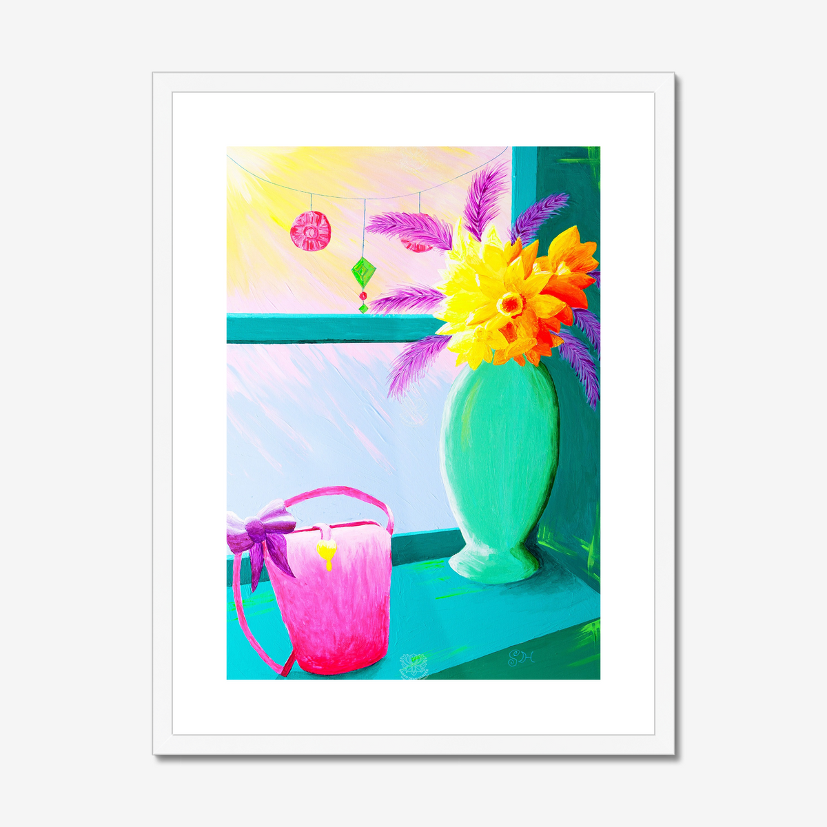 Pink Celadon Vase in Window Original Acrylic Painting- Limited Edition Fine Art