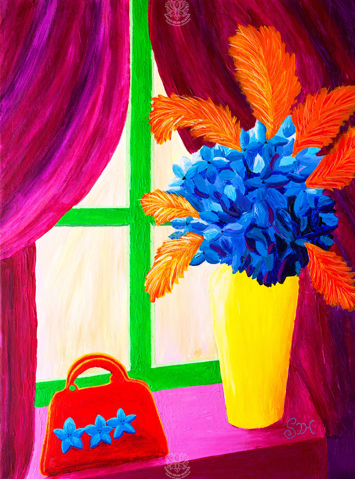 Colourful acrylic painting of a red handbag beside vivid blue hydrangeas in a yellow vase on a bright windowsill by Sarah Dean-Hunter