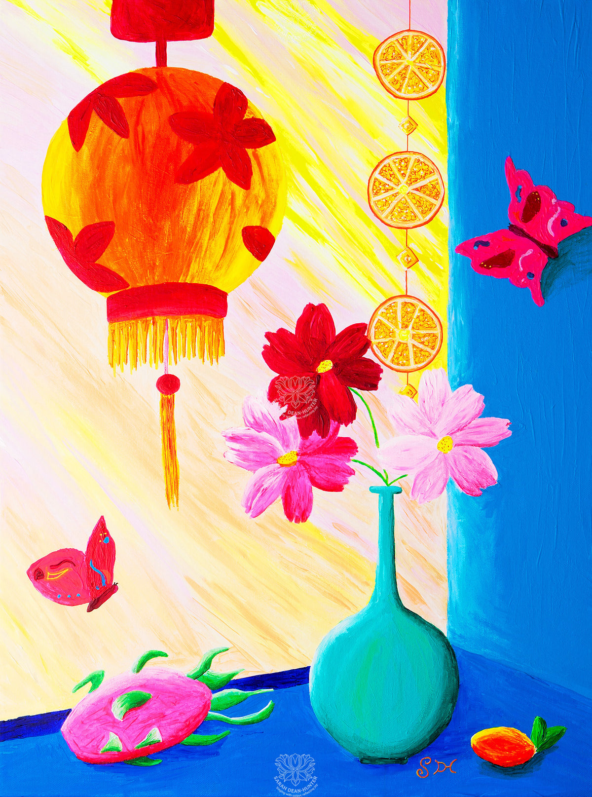 Colourful acrylic window painting with dragon fruit, pink flowers, blue vase and lantern by Sarah Dean-Hunter