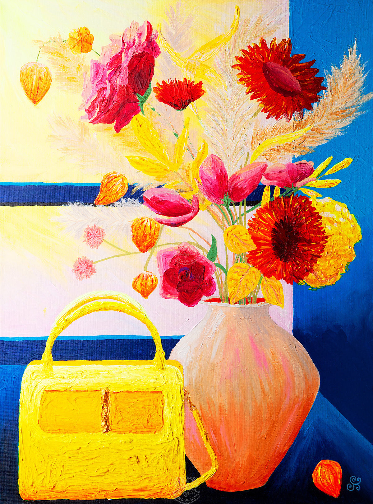 Colourful acrylic painting of a bright yellow handbag beside a peach vase filled with vibrant red, orange and pink flowers on a sunlit windowsill by Sarah Dean-Hunter
