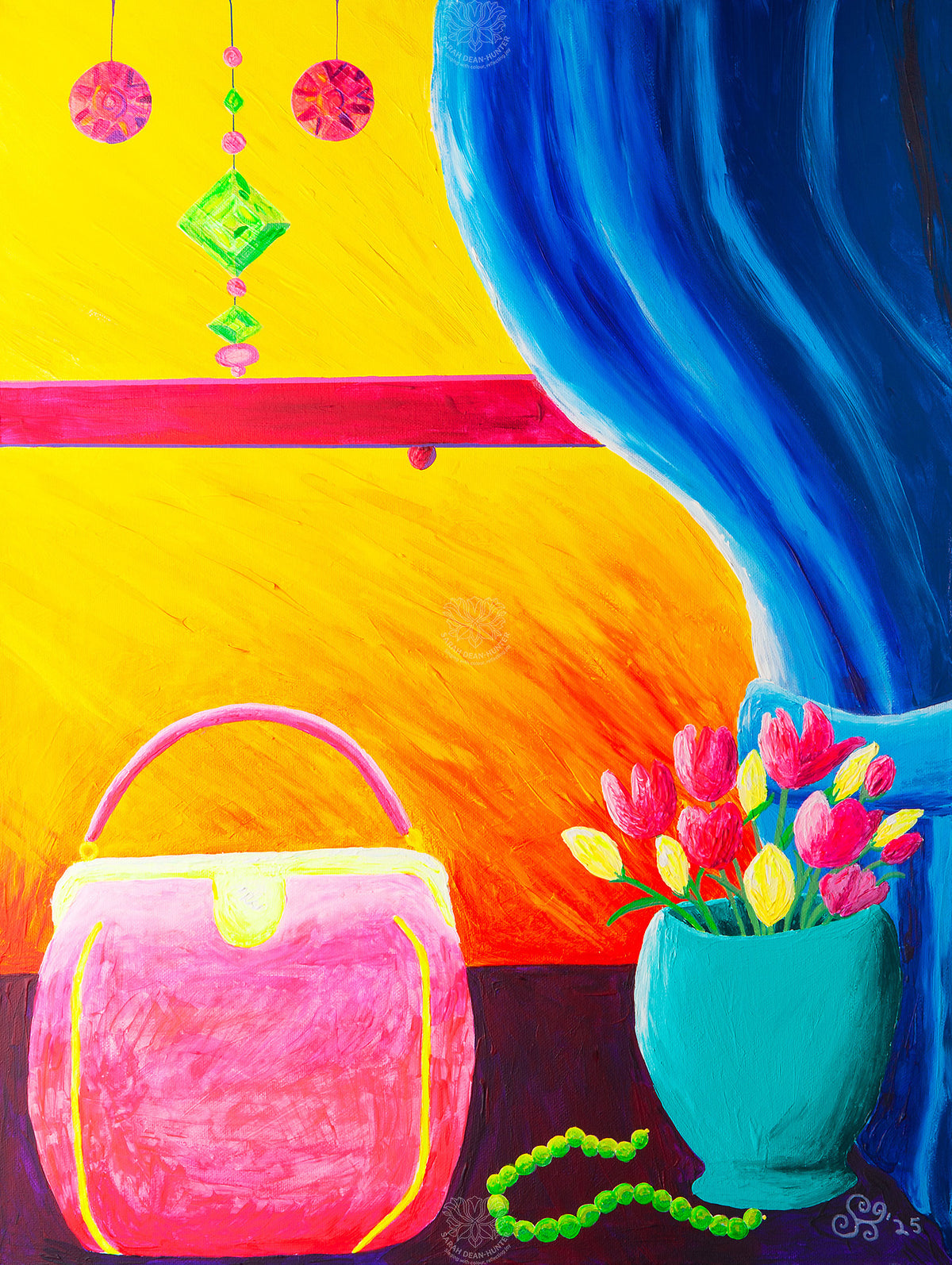 Colourful acrylic painting of a bright pink handbag beside a turquoise vase of colourful flowers on a vibrant sunlit windowsill by Sarah Dean-Hunter