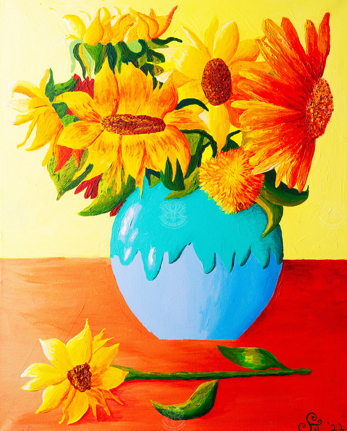Colourful acrylic still life painting of bright yellow and orange sunflowers in a blue vase, inspired by Vincent van Gogh, by Sarah Dean-Hunter