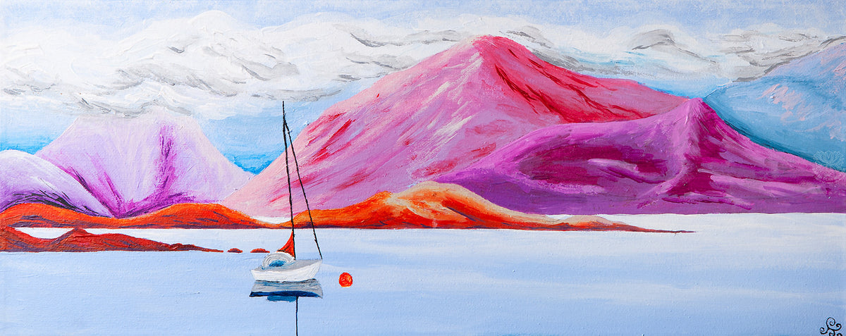 Acrylic fine art painting colourful pinks and blues Scotland Port Appin canvas stretched print rolled print by Sarah Dean Hunter