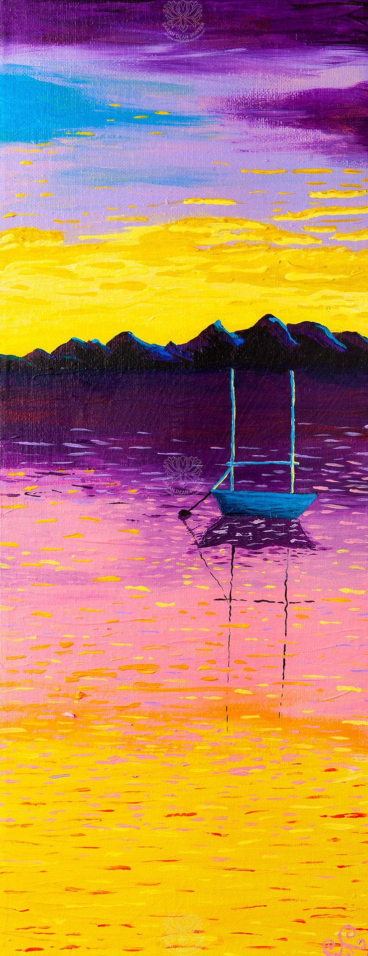 Colourful acrylic painting of a sleeping arisaig sailing boat on calm water at sunset on Scotland, with purple mountains and a glowing yellow and pink sky by Sarah Dean-Hunter