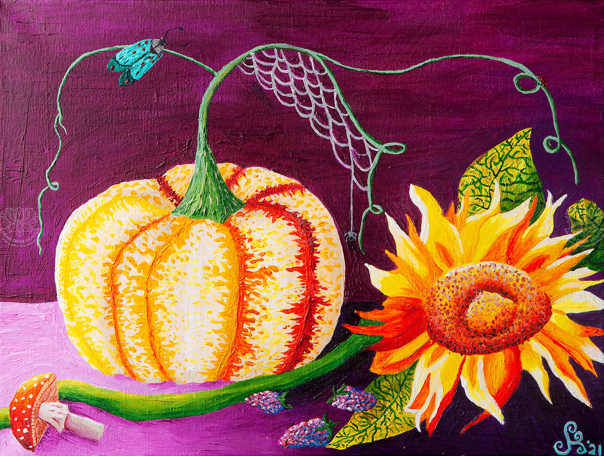 Colourful acrylic painting of a pumpkin, red toadstool, blackberries and sunflower against a deep purple background by Sarah Dean-Hunter