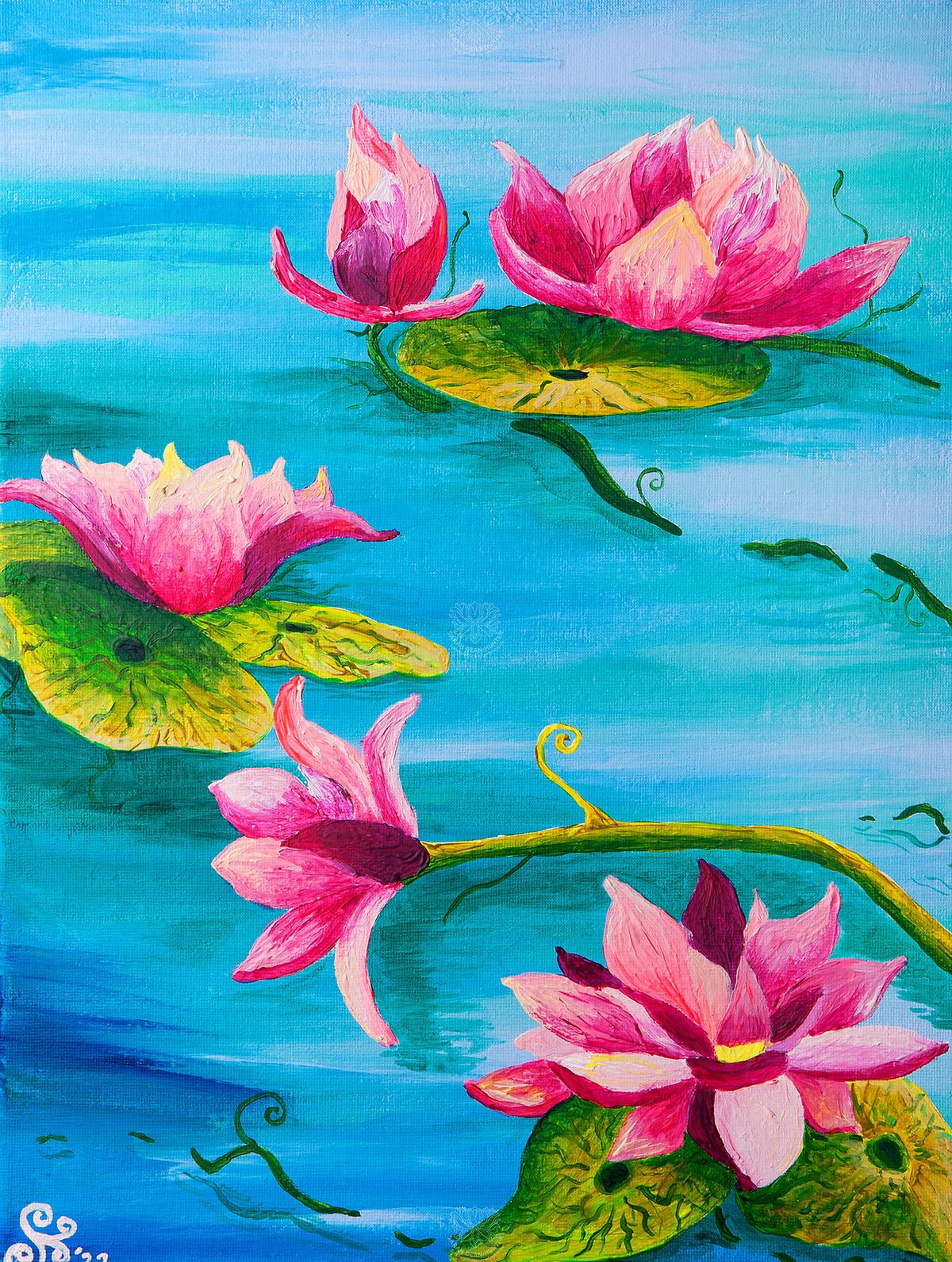 Colourful acrylic painting of pink waterlilies and green lily pads on blue water, inspired by Monet, by Sarah Dean-Hunter
