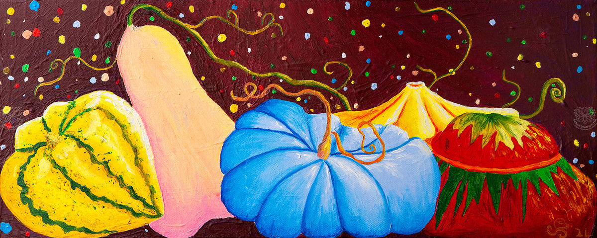 Colourful panoramic acrylic painting of decorative yellow, blue and orange squashes against a deep red background by Sarah Dean-Hunter
