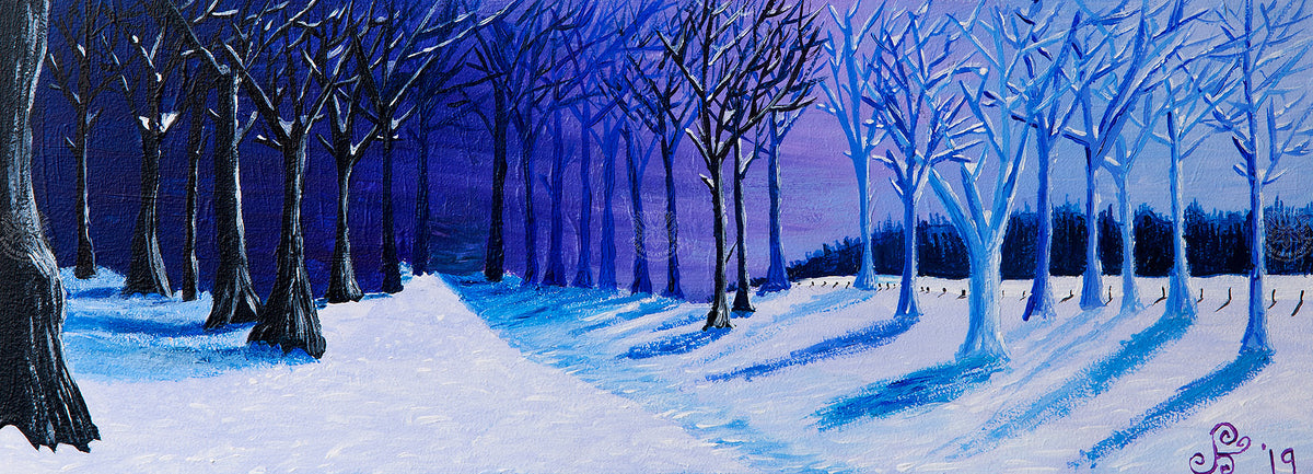 Panoramic acrylic painting of a moonlit snowy landscape at Culzean Castle in Scotland, with blue woodland shadows by Sarah Dean-Hunter