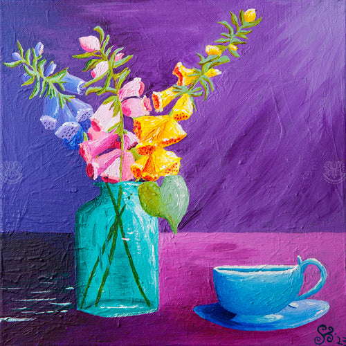 Colourful acrylic still life painting of yellow and pink foxgloves in a turquoise glass bottle with a blue teacup against a purple background by Sarah Dean-Hunter