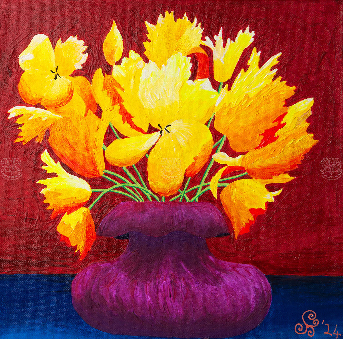 Colourful acrylic painting of bright yellow tulips in a purple vase against a deep red background by Sarah Dean-Hunter