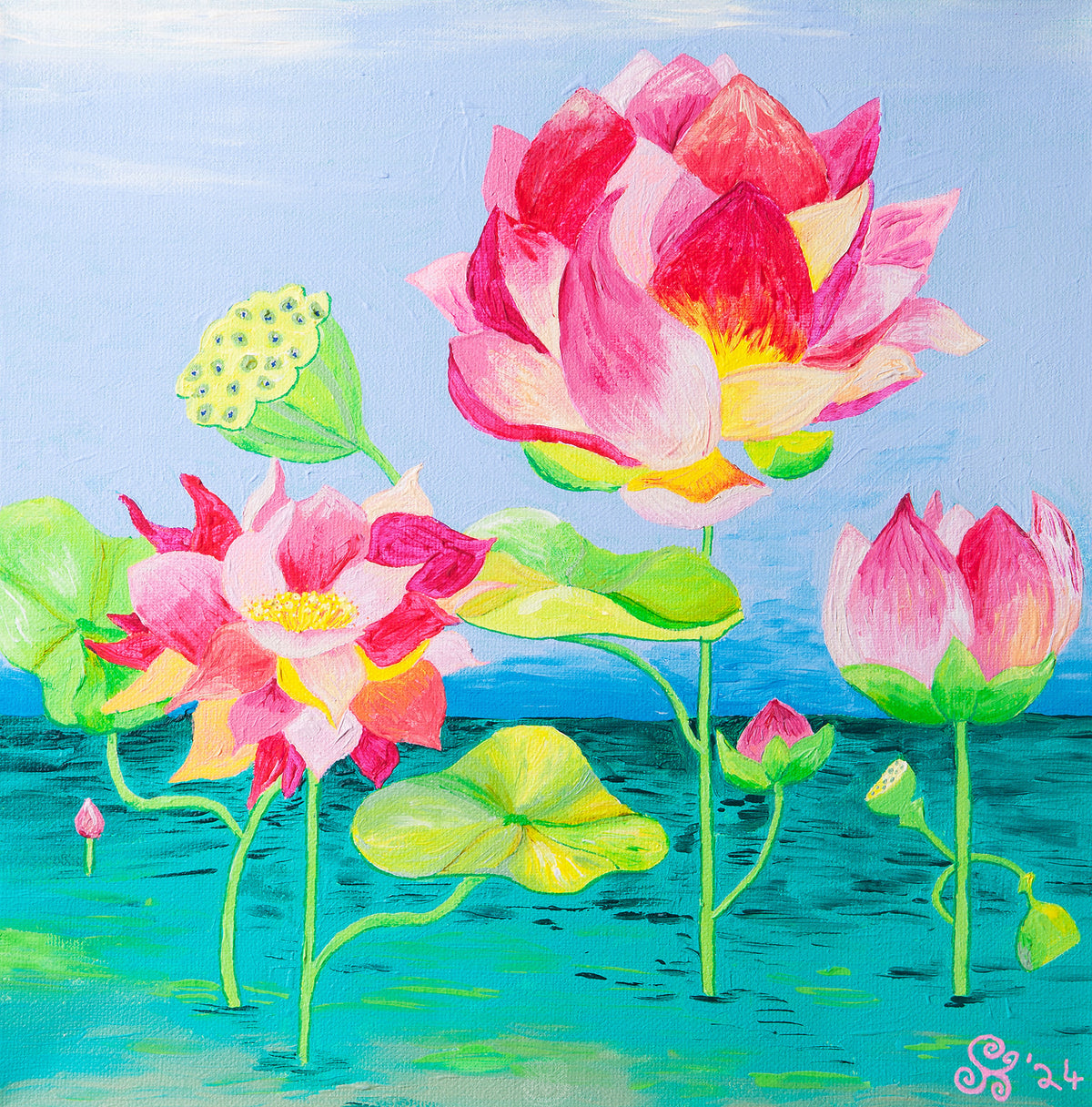 Colourful acrylic painting of pink lotus flowers and green lily pads on turquoise water by Sarah Dean-Hunter