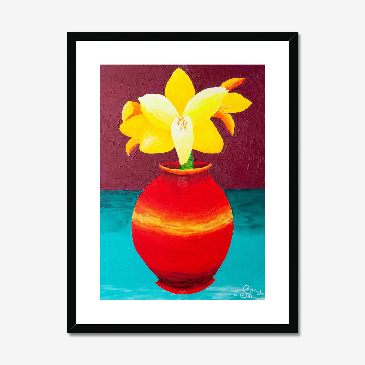 Yellow Amarylis in Red Vase Original Acrylic Painting-Limited Edition Fine Art