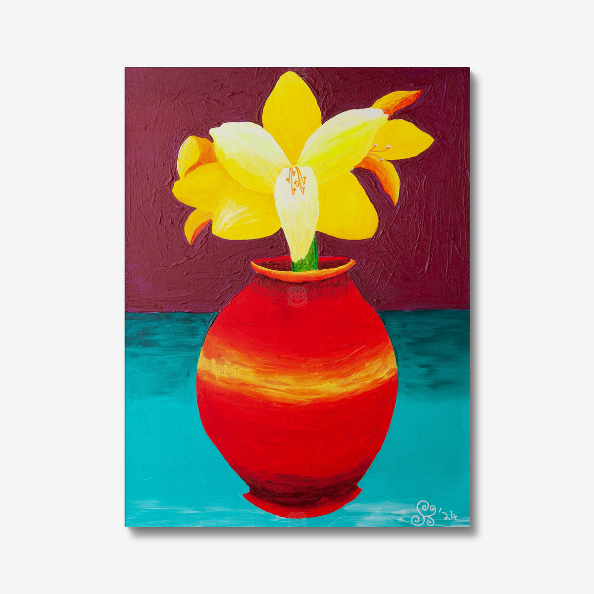 Yellow Amarylis in Red Vase Original Acrylic Painting-Limited Edition Fine Art