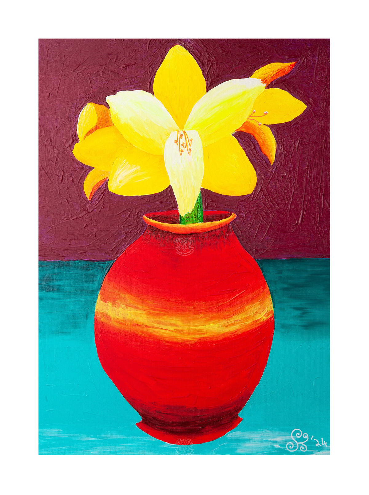 Yellow Amarylis in Red Vase Original Acrylic Painting-Limited Edition Fine Art