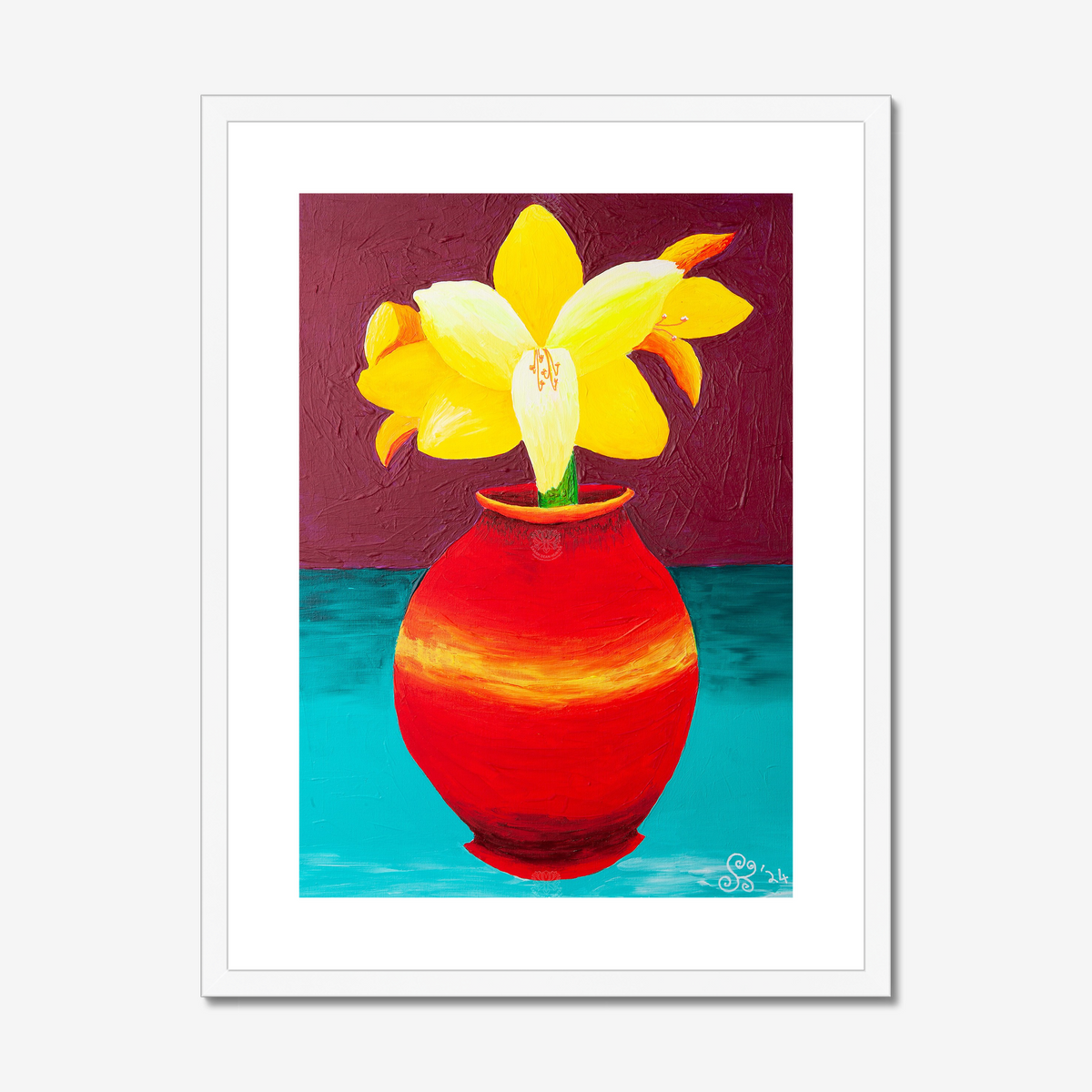 Yellow Amarylis in Red Vase Original Acrylic Painting-Limited Edition Fine Art