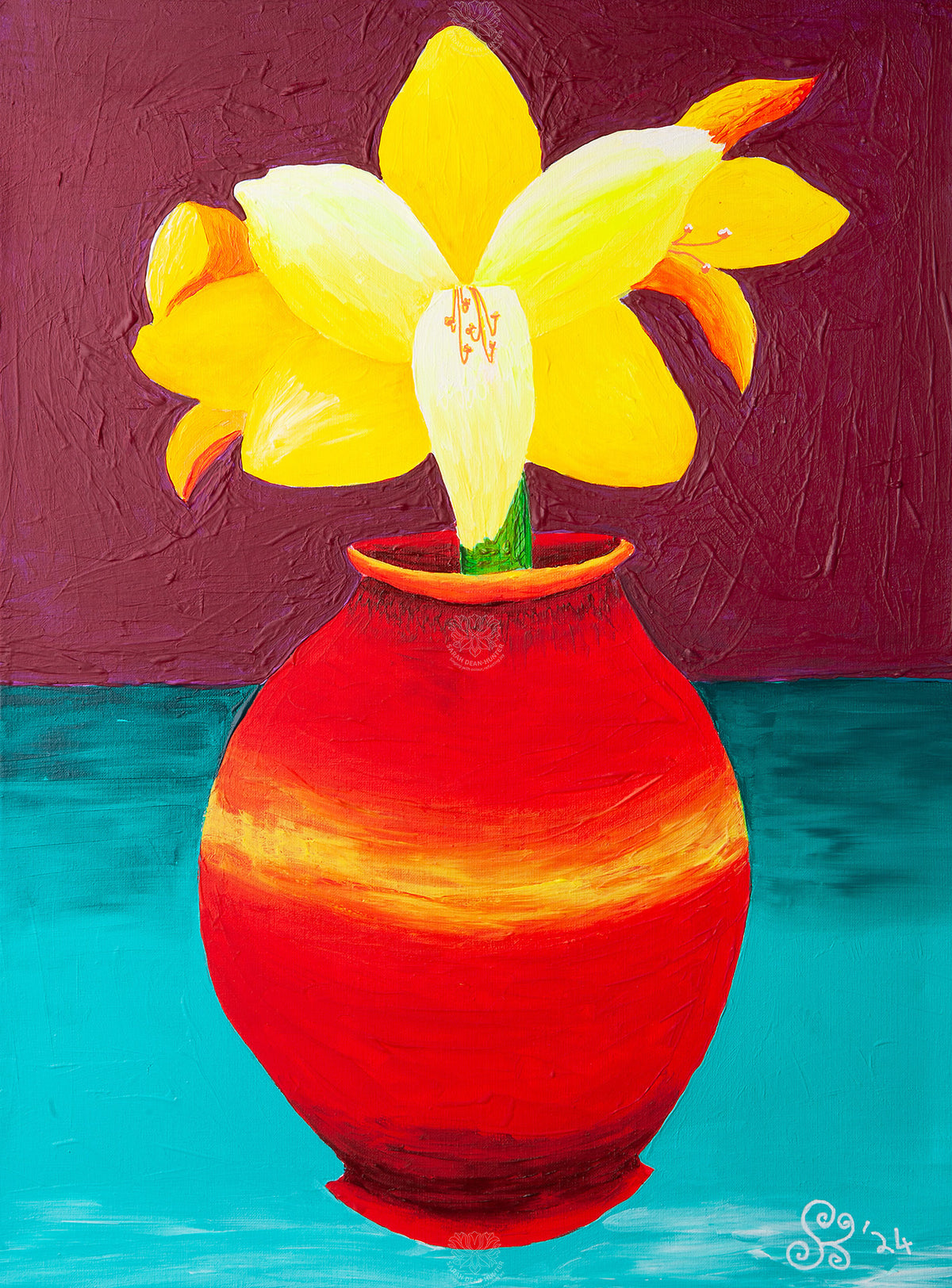 Colourful acrylic painting of yellow amaryllis flowers in a red vase against burgundy and turquoise by Sarah Dean-Hunter