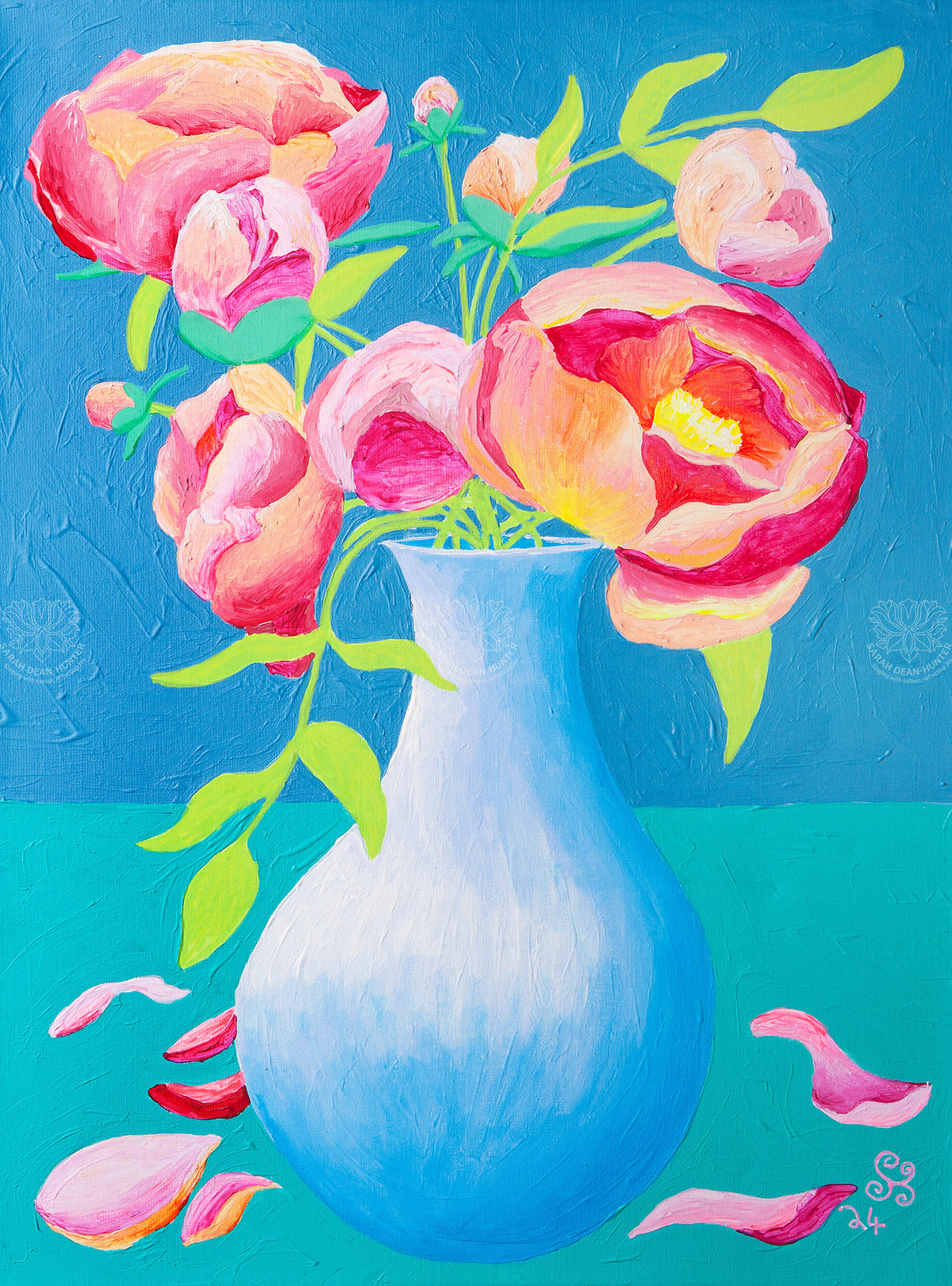 Colourful acrylic painting of pink and peach peonies in a blue vase against a turquoise background by Sarah Dean-Hunter