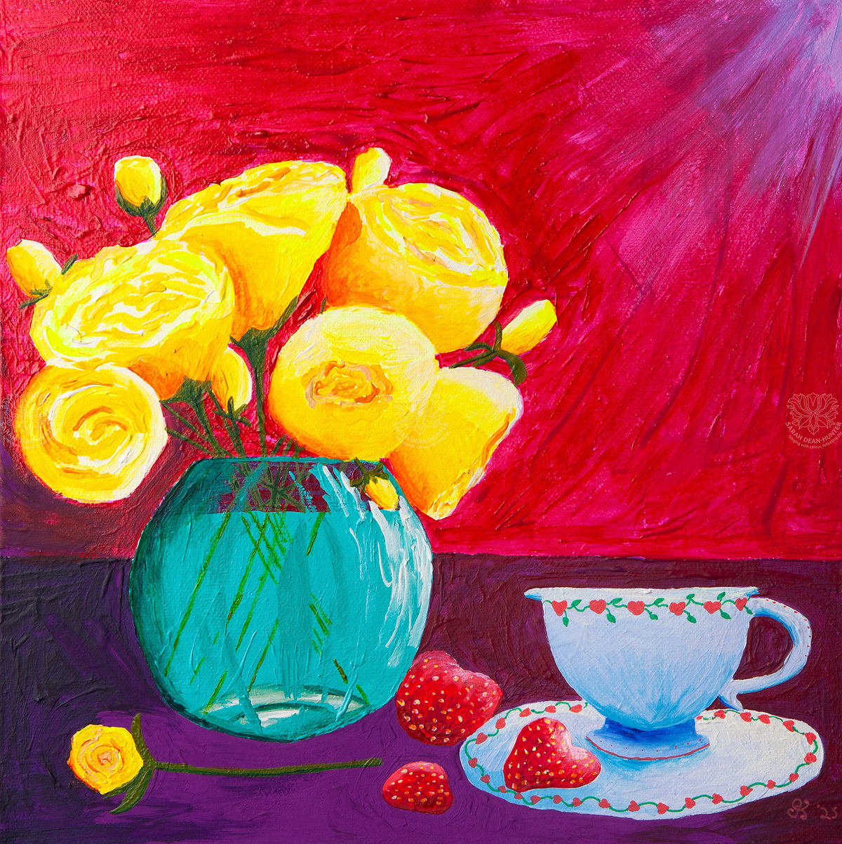 Colourful acrylic still life painting of yellow peonies and strawberries with a turquoise vase and blue teacup by Sarah Dean-Hunter