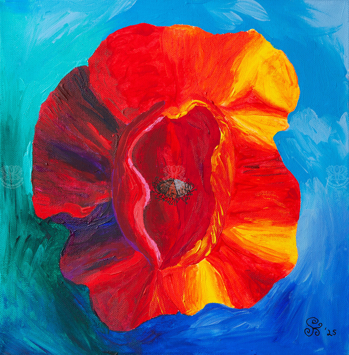 Vibrant acrylic painting of a red and orange poppy against a rich blue background by Sarah Dean-Hunter