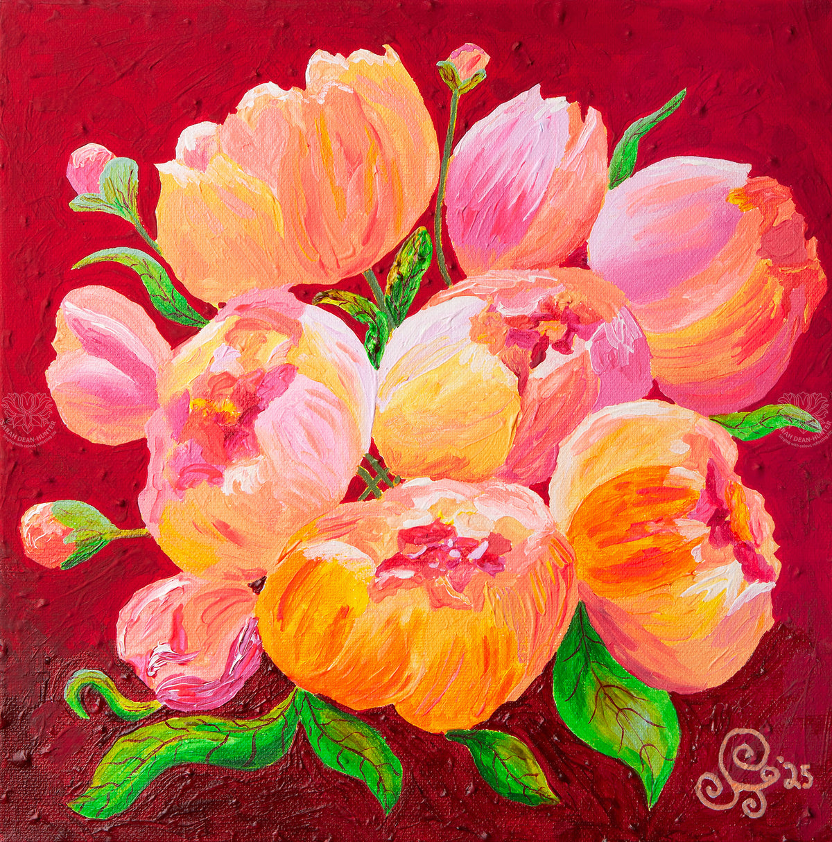 Colourful acrylic painting of peach, pink and yellow peonies with green leaves on a deep red background by Sarah Dean-Hunter